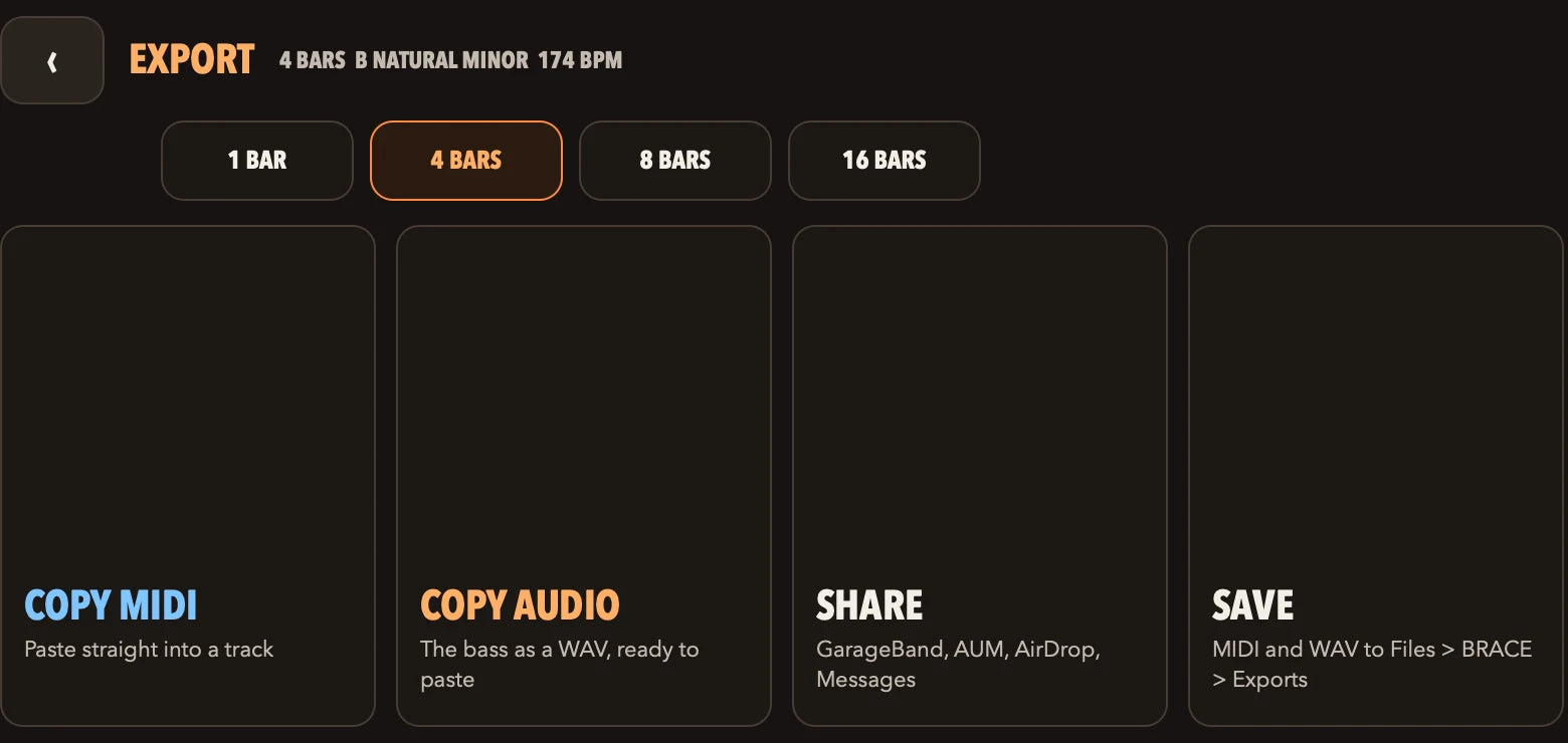The EXPORT screen: 1, 4, 8 or 16 bars, then Copy MIDI, Copy Audio, Share and Save.