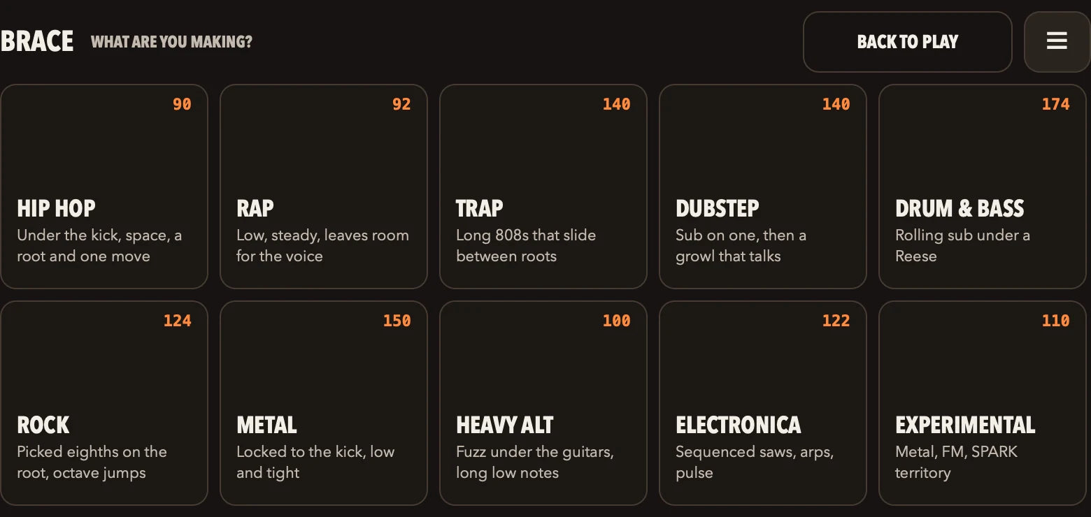 The BRACE genre screen, headed 'What are you making?', with ten genre tiles showing their tempos.