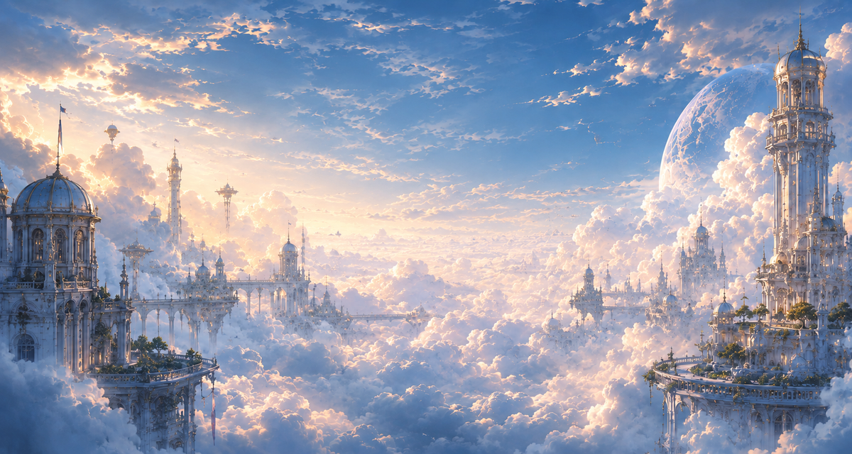 A luminous fantasy city floating above soft pearl clouds beneath a moonlit blue sky.