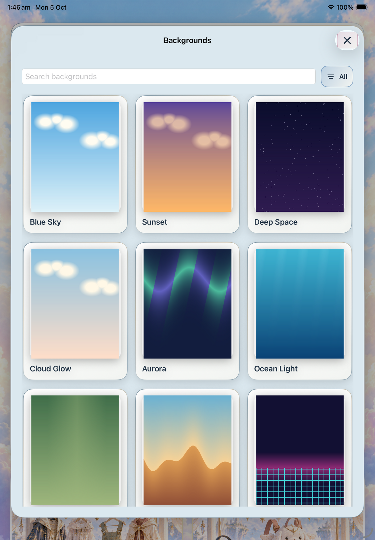 The background library, with large visual previews.