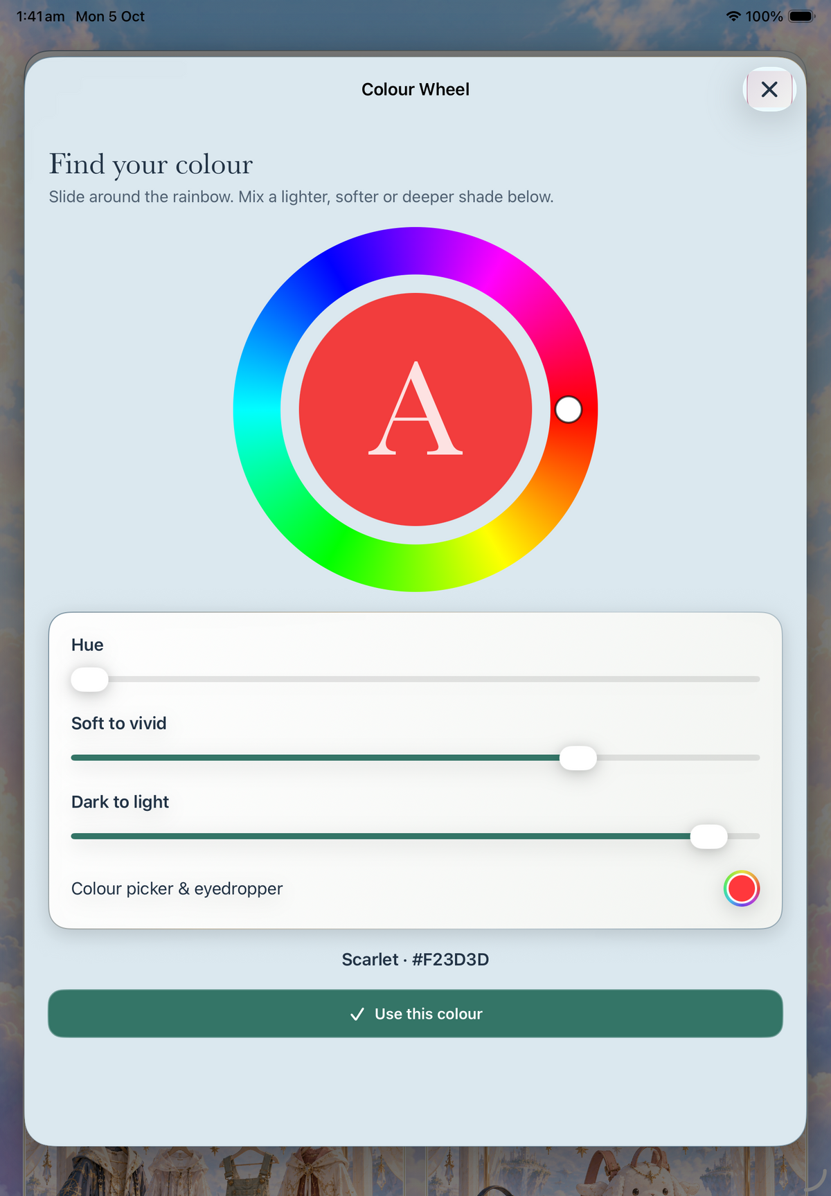 The colour wheel, with a live shade preview and mixing controls.