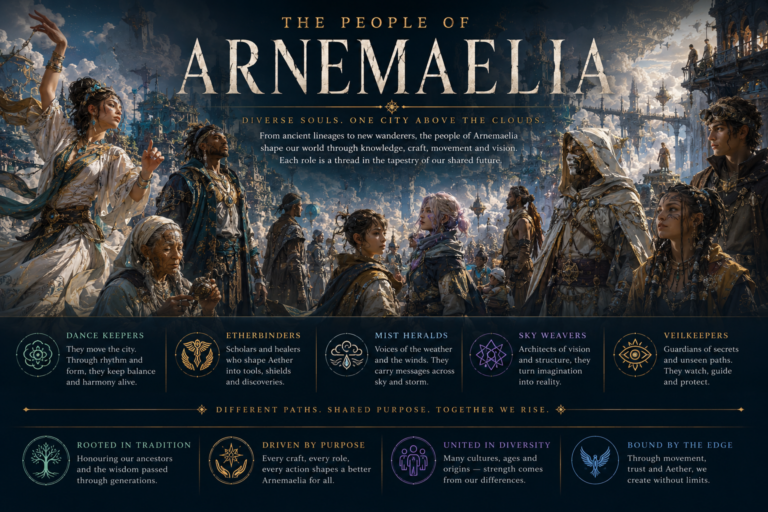 The diverse people of Arnemaelia gathered above the clouds