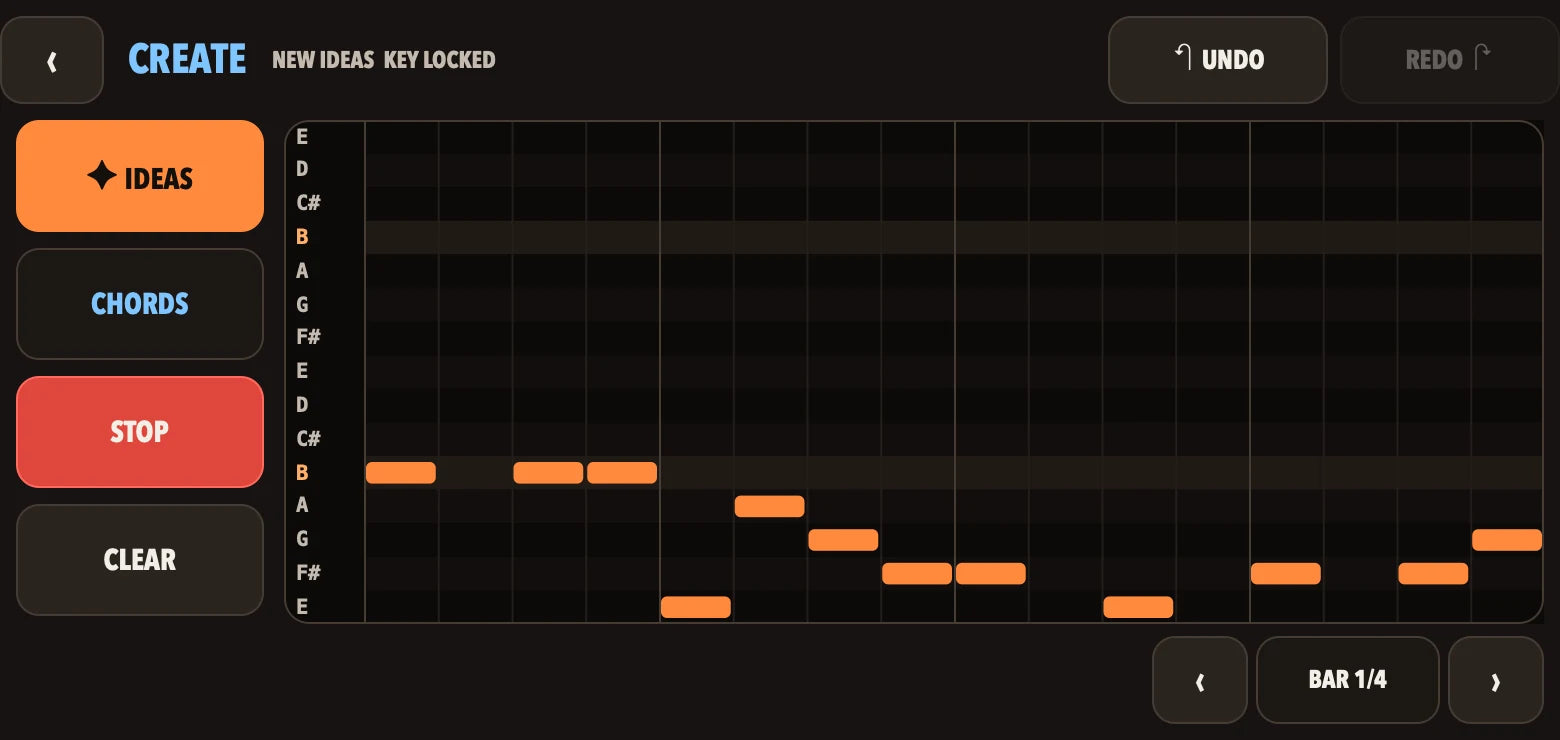 The CREATE screen: IDEAS, CHORDS, STOP and CLEAR beside a grid whose rows are only the notes of the key.