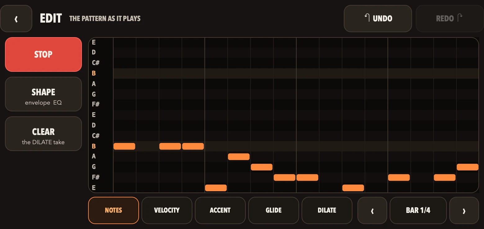 The EDIT screen: the pattern as it plays, with lanes for notes, velocity, accent, glide and DILATE.
