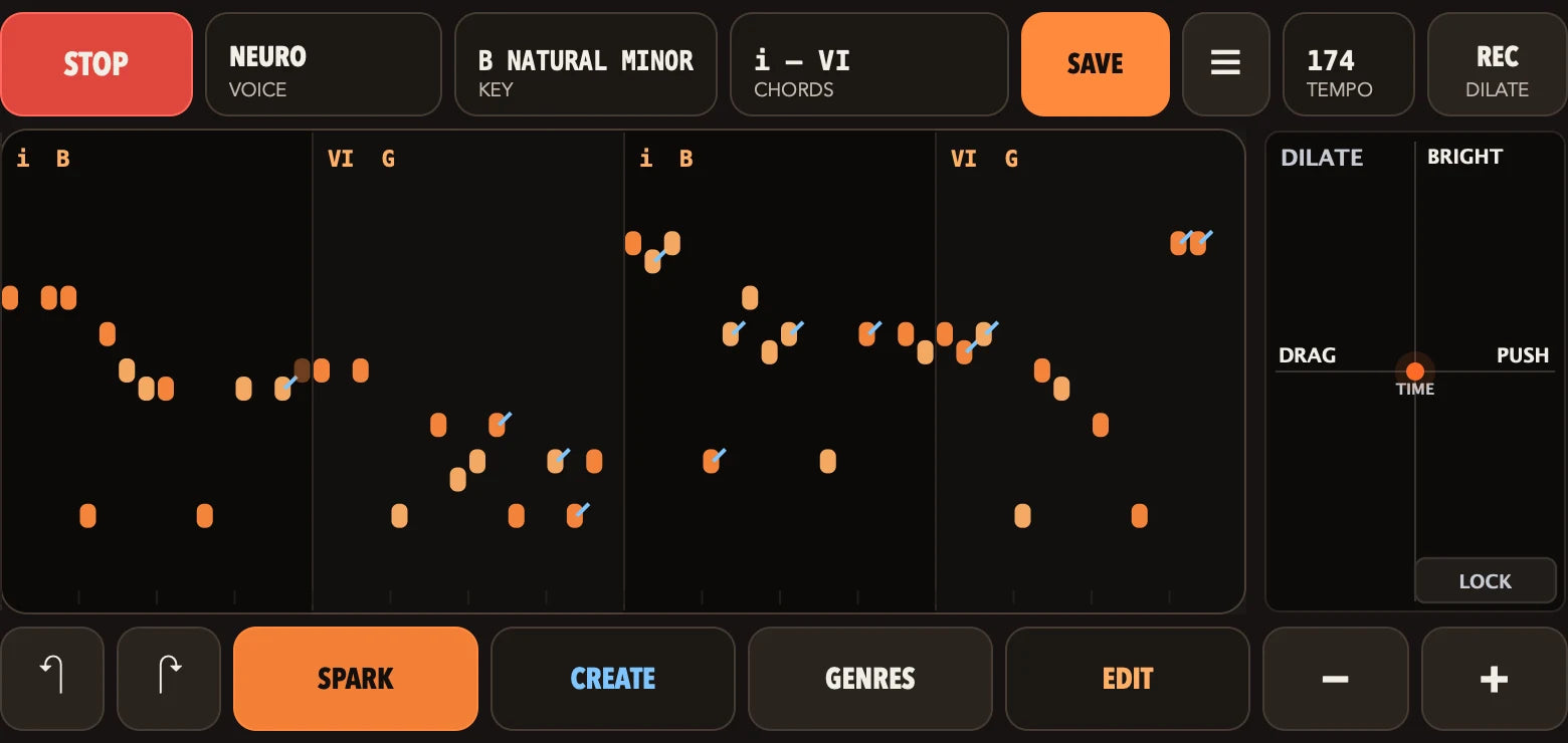 The BRACE PLAY screen on iPhone: a Drum and Bass line in B natural minor at 174 BPM, with the DILATE pad beside it and SPARK, CREATE, GENRES and EDIT along the bottom.