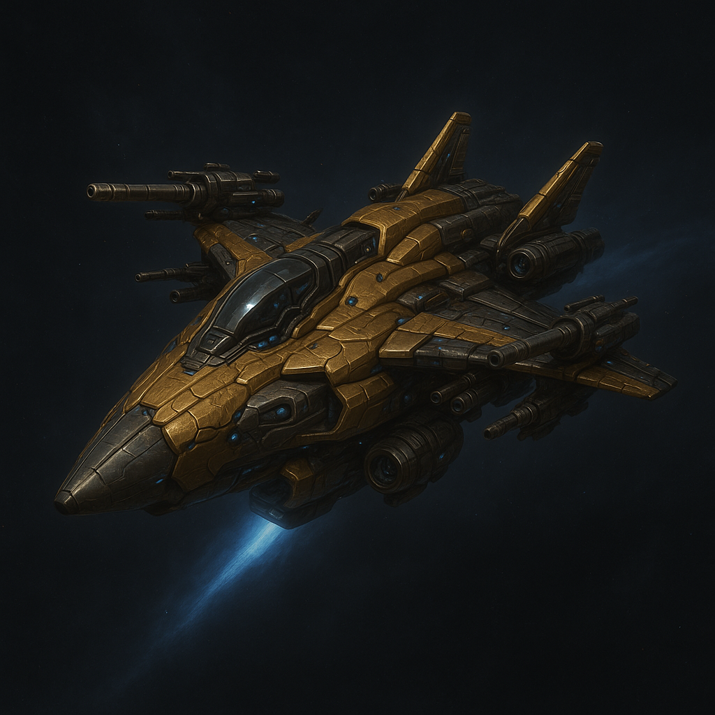 A DUCH8 gold-and-black fighter in deep space