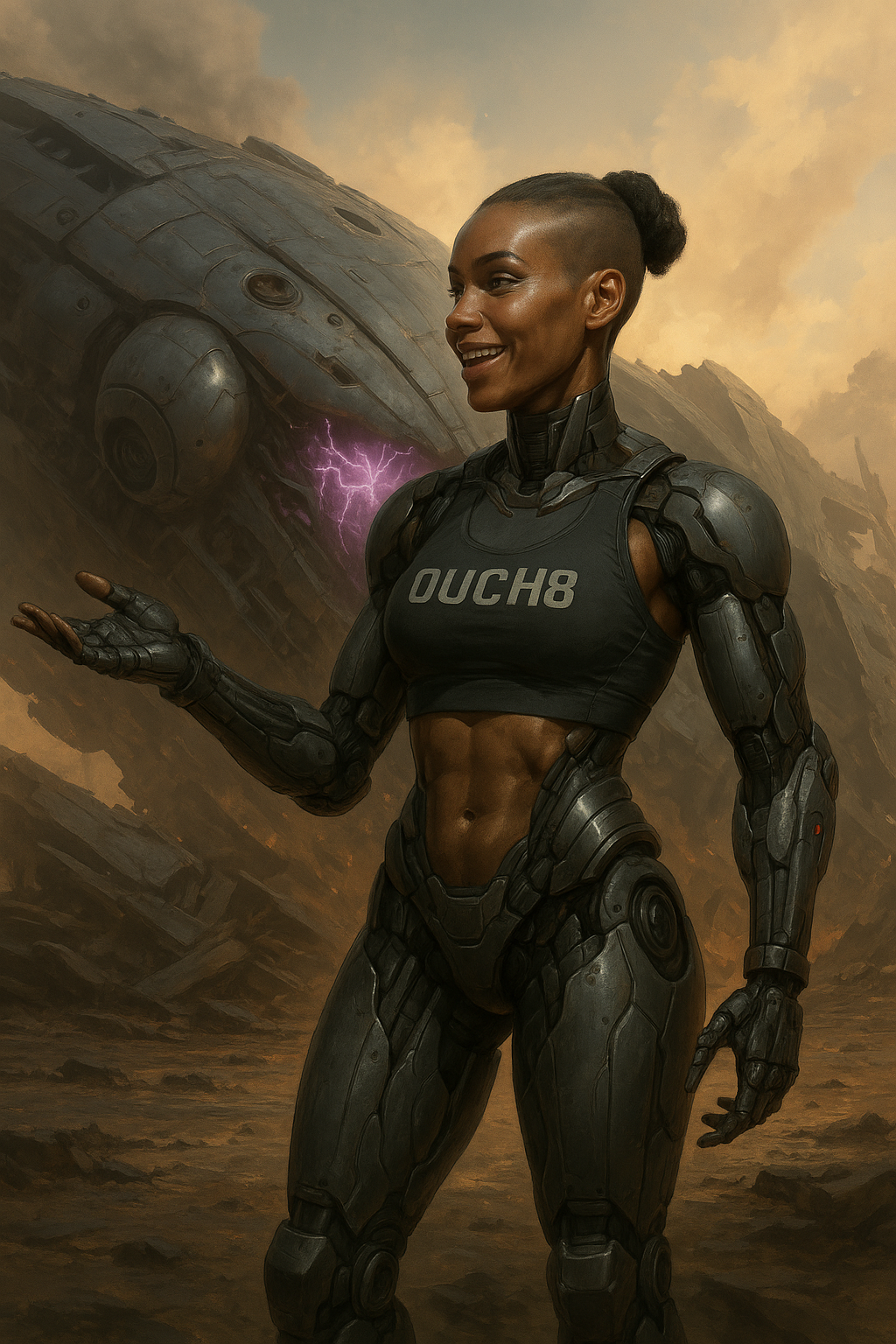 A DUCH8 warrior overlooking the cybernetic city