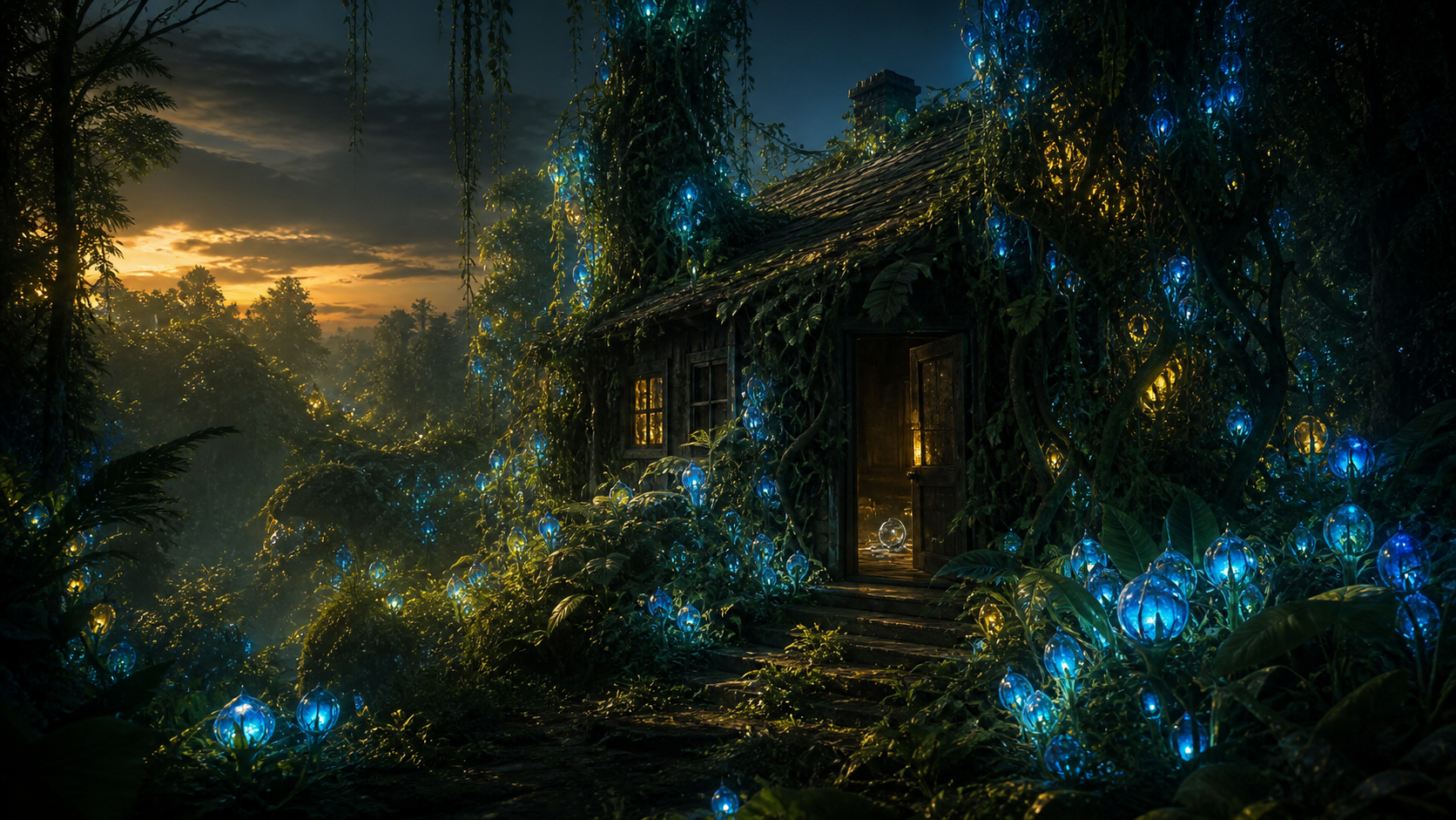 Glowbulbs spreading through a forest around a small house and a broken object