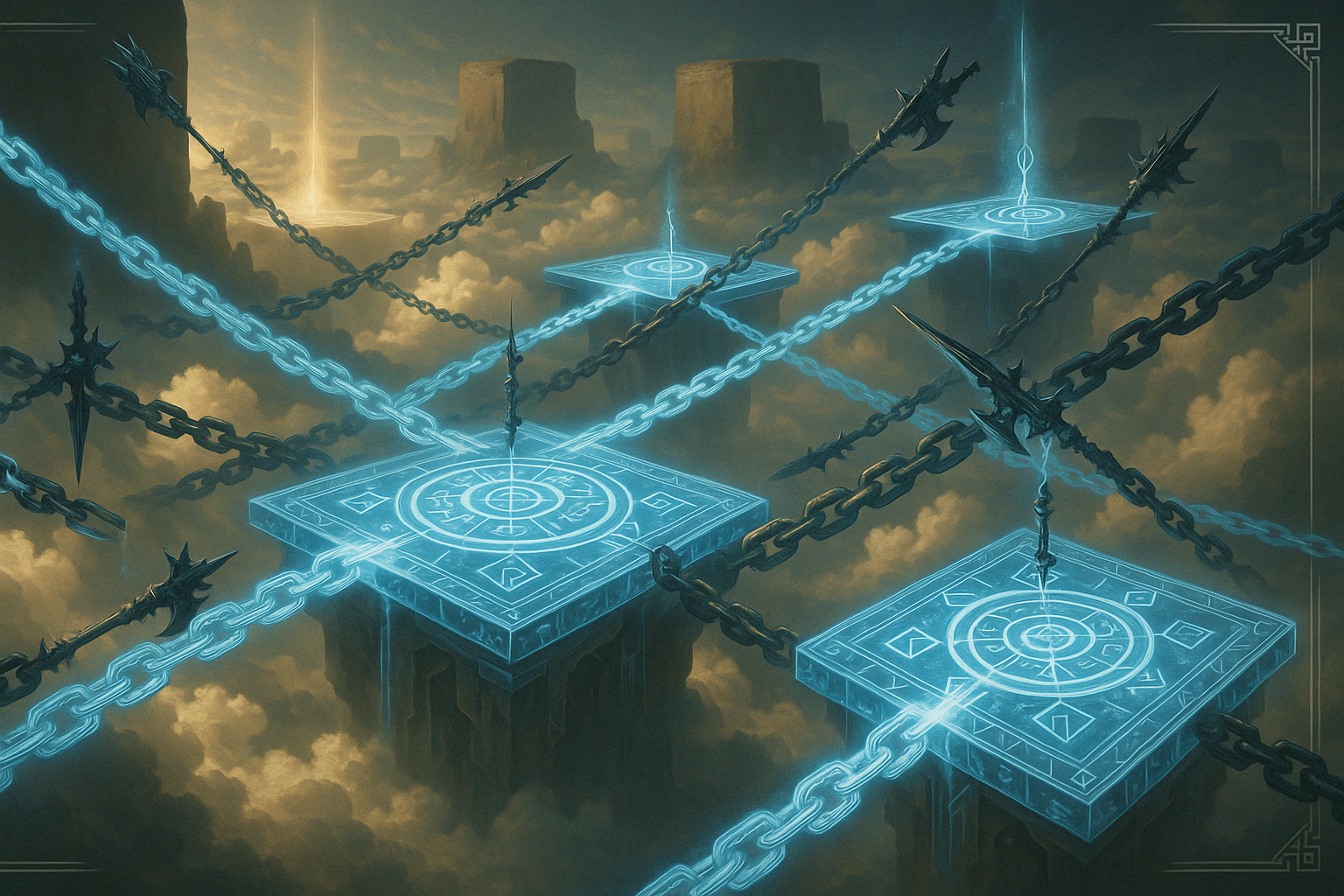 Living chains crossing between glyph-marked plateaus