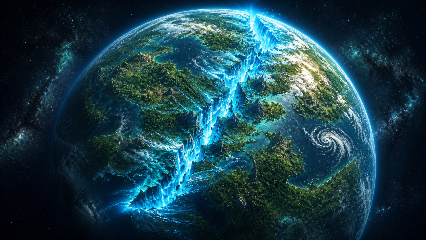 The lush green world of Oti-Zahruhl divided by the neon-blue Rift