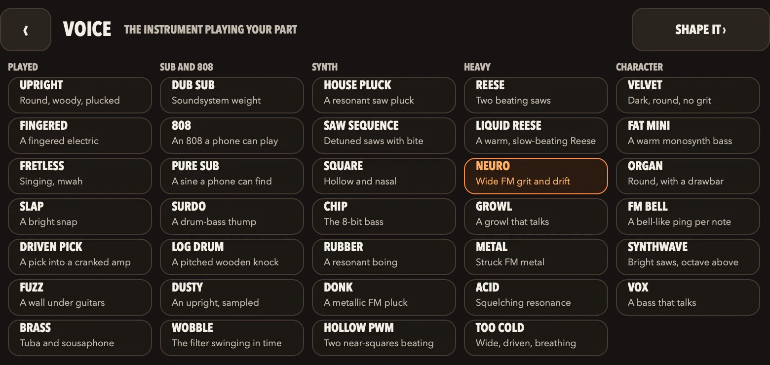 The voice screen with all 34 voices and a one-line description under each.