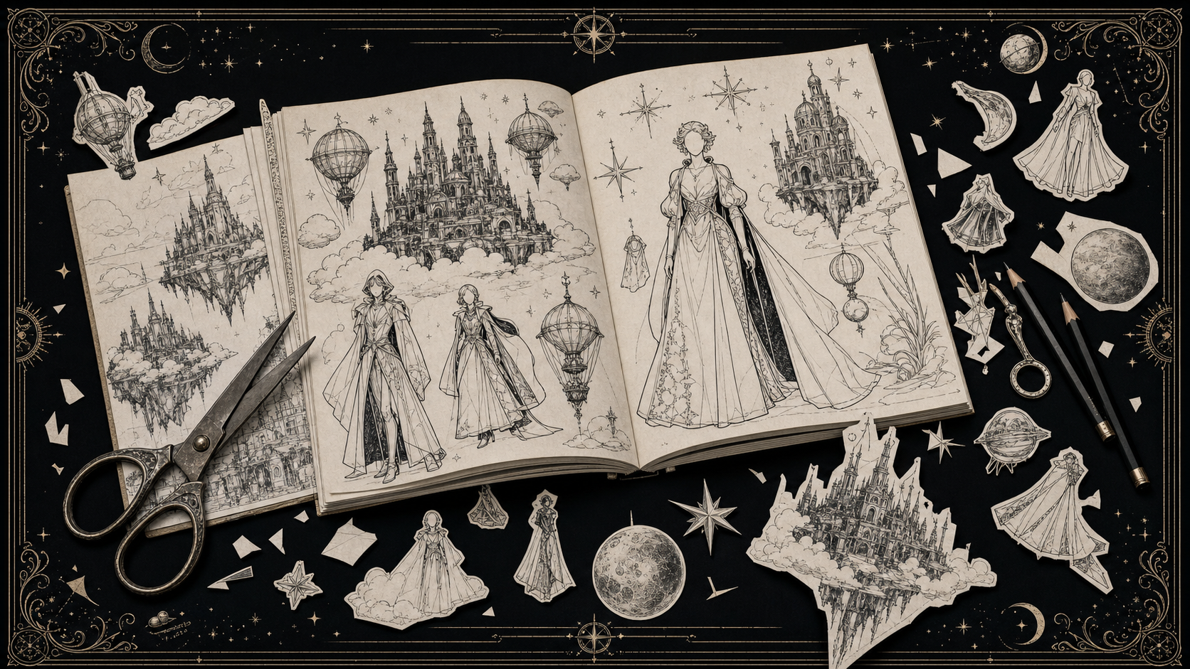 Fantasy characters, colouring pages and creative cut-out designs